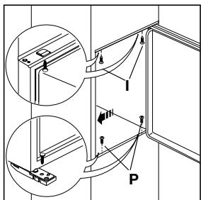 Technical diagram showing mechanical assembly with labeled components I and P, including directional arrows and detail views.