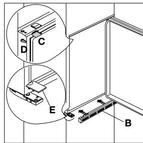 Technical diagram showing labeled mechanical components with annotations A, B, C, D, and E