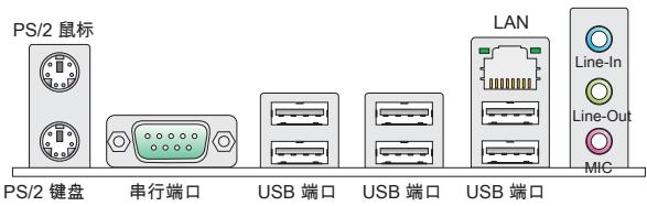 PS/2 鼠标 PS/2 键盘 串行端口 USB 端口 USB 端口 LAN Line-In Line-Out MIC