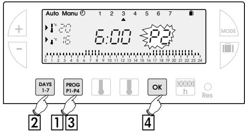 Auto Manu 1 2 3 4 5 6 7 5:00 P2 0 1 2 3 4 5 6 7 8 9 10 11 12 13 14 15 16 17 18 19 20 21 22 23 24 MODE DAYS 1-7 PROG P1-P4 OK 0:00 h Res 2 1 3 4