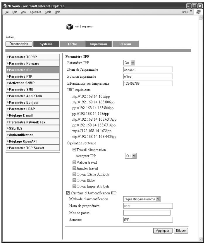 KONICA MINOLTA BIZHUB C252P PHASE3 PRINTER - Sur l'onglet Réseau, cliquez sur "Parametre IPP". - 1