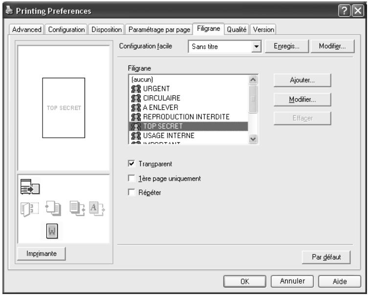KONICA MINOLTA BIZHUB C252P PHASE3 PRINTER - Spécifier les paramètres de l'onglet Filigrane - 1
