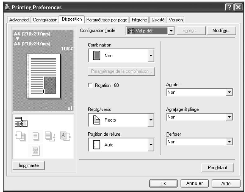 KONICA MINOLTA BIZHUB C252P PHASE3 PRINTER - Spécifier les paramètres de l'onglet Disposition - 1