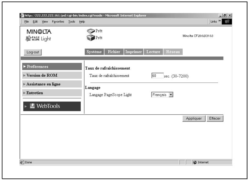 KONICA MINOLTA CN3102PRO - Mode administration: onglet système - 1