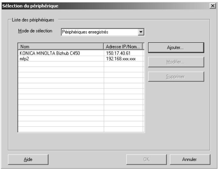 KONICA MINOLTA FONT MANAGEMENT UTILITY - Saisissez le nom du périphérique à ajouter, ainsi que l'adresse IP ou le nom d'hôte, puis cliquez sur le bouton OK. - 1