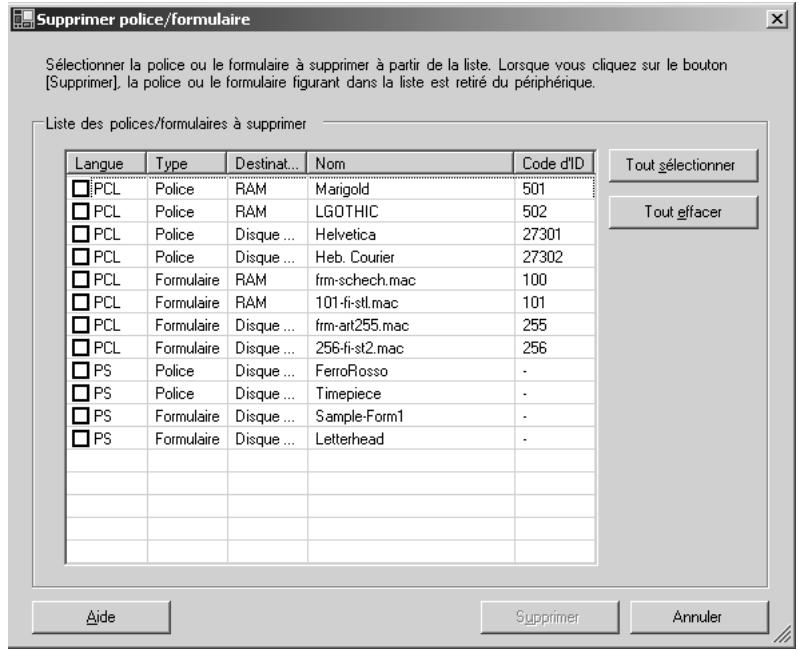 KONICA MINOLTA FONT MANAGEMENT UTILITY - Cliquez sur le bouton [Supprimer] dans la boîte de dialogue Listes des polices/formulaires. - 1