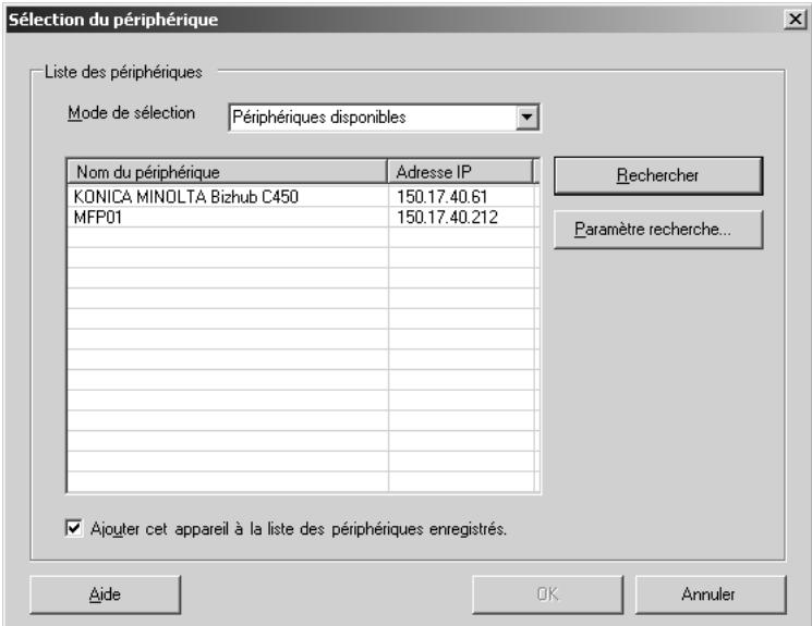 KONICA MINOLTA FONT MANAGEMENT UTILITY - Sélectionnez Péripériques disponibles dans la liste déroulante Mode de selection. - 1