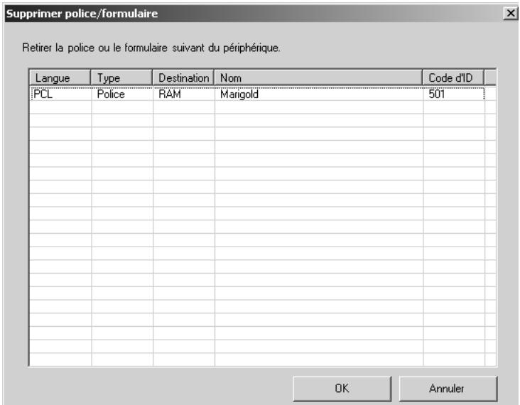 KONICA MINOLTA FONT MANAGEMENT UTILITY - Cliquez sur le bouton [Supprimer] dans la boîte de dialogue Listes des polices/formulaires. - 2