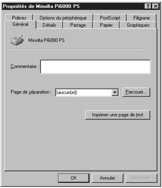 KONICA MINOLTA PI6000 PS - Affichage de la boîte de dialogue des propriétés du pilote d'imprimante Minolta Pi6000 PS - 1
