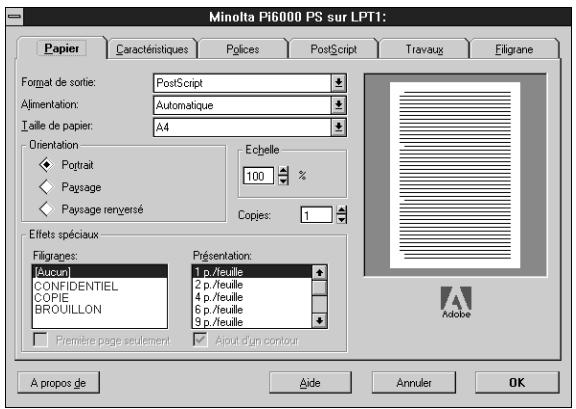 KONICA MINOLTA PI6000 PS - Affichage de la boite de dialogue de configuration du pilote d'imprimante Minolta Pi6000 PS - 1