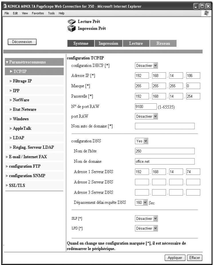KONICA MINOLTA BIZHUB 250 PH2 5 SCAN - Spécifier la configuration TCP/IP - 1