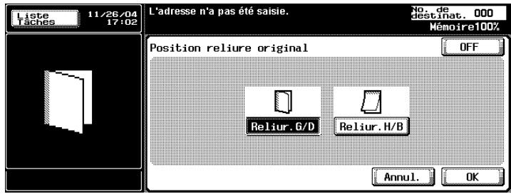 KONICA MINOLTA BIZHUB C450 - Appuyez sur [Reliure G/D] ou [Reliure H/B] pour préciser le type de reliure du document original imprimé recto-verse. - 1