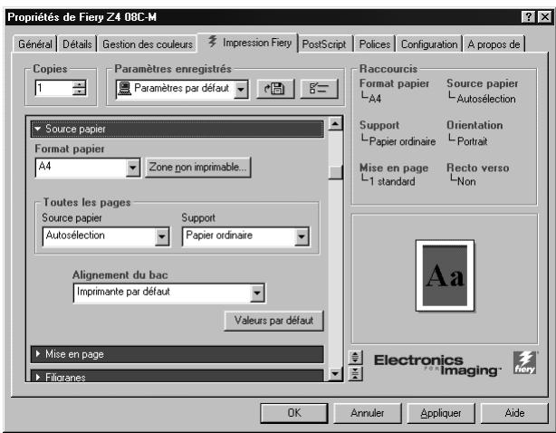 KONICA MINOLTA FIERY Z4 FOR CF9001 - Cliquez sur la barre des options d'impression Source papier. - 1