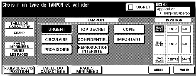 KONICA MINOLTA 7272 - Si vous sélectionnez TAMPON : Définissez le type de tampon, la position d'impression, la taille de caractères ainsi que la page sur laquelle il doit être imprimé. - 1