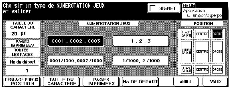 KONICA MINOLTA 7272 - Si vous sélectionnez TAMPON : Définissez le type de tampon, la position d'impression, la taille de caractères ainsi que la page sur laquelle il doit être imprimé. - 2