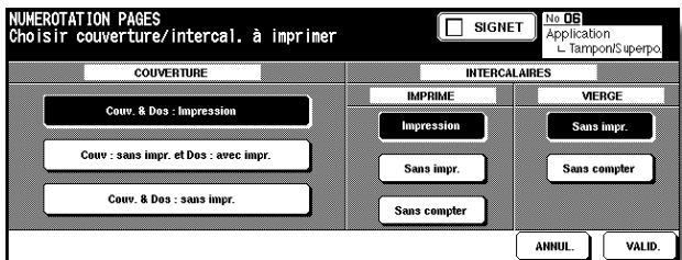 KONICA MINOLTA 7272 - Écran de sélection de la configuration des couvertures/intercalaires : depuis NUMEROTATION DES PAGES - 1