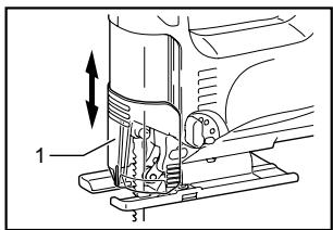 Technical diagram showing a sewing machine with labeled parts and directional arrow indicating movement