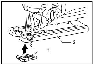 Technical diagram showing mechanical assembly with labeled parts 1 and 2, including a directional arrow indicating motion or force.