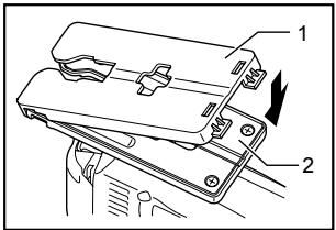 Technical diagram of a mechanical device with labeled parts 1 and 2, showing assembly or assembly steps.