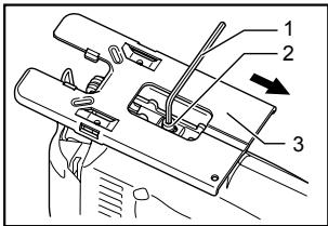 Technical diagram of a mechanical assembly with numbered components and directional arrow indicating motion