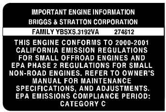 MTD 300000 - After July 1, 2000, Look For Emissions Compliance Period On Engine Emissions Compliance Label - 1