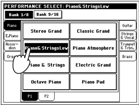 KORG PA500 - Appuyez sur la case performance affichée à l'écran pour ouvrir la fenêtre de sélection des performances (performance select) - 3