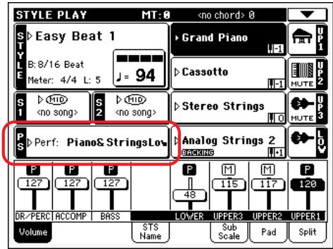 KORG PA500 - Appuyez sur la case performance affichée à l'écran pour ouvrir la fenêtre de sélection des performances (performance select) - 5