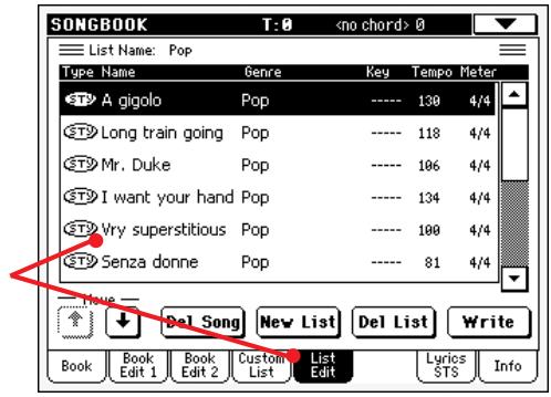 KORG PA500 - En mode song book, affichez le menu de page et cochez le paramètre 'enable list edit - 1
