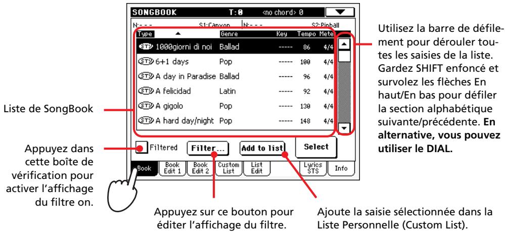 KORG PA500 - Appuyez sur l'onglet book pour afficher la page book et visualiser ainsi toute la base de données. utilisez les diverses options de saisite de - 1