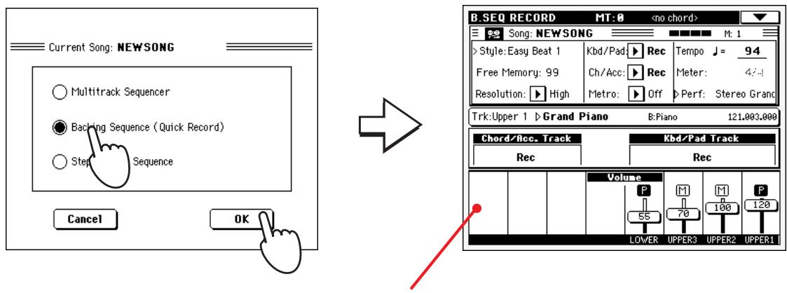 KORG PA588 - Sélectionnez l'option backing sequence (quick record) et appuyez sur OK pour afficher le mode backing sequence record. - 1