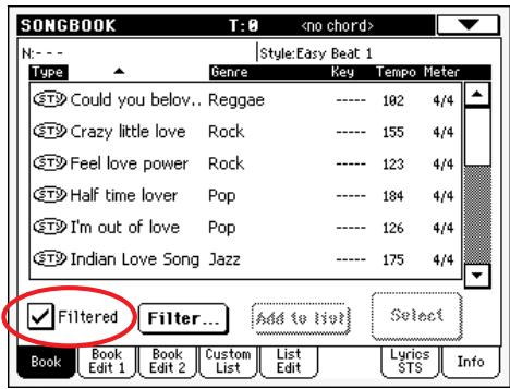 KORG PA588 - Appuyez sur OK pour fermer la boîte de dialogue filter et rétablit la page song book. - 1