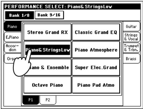 KORG PA588 - Appuyez sur la case performance affichée à l'écran pour ouvrir la fenêtre de sélection des performances (performance select) - 3