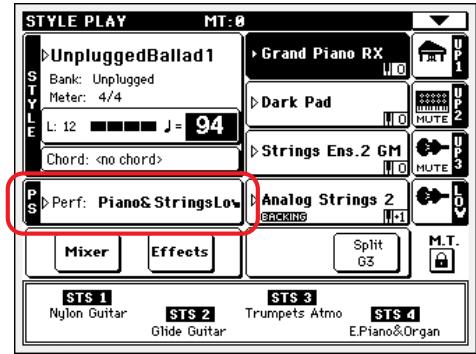 KORG PA588 - Appuyez sur la case performance affichée à l'écran pour ouvrir la fenêtre de sélection des performances (performance select) - 5