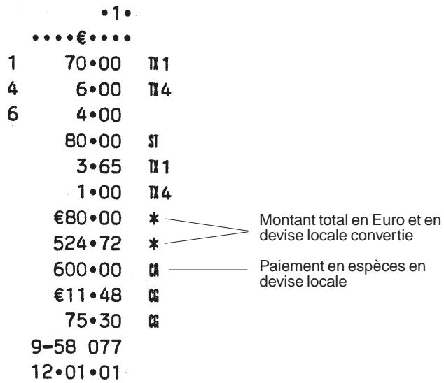 OLIVETTI ECR 2150 - Enregistrement de la vente d'articles de différentes catégories avec paiement en devise locale et calcul de la monnaie en Euro - 1