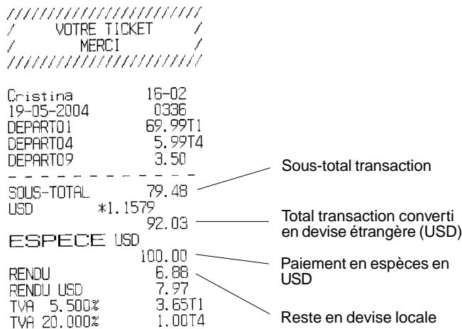 OLIVETTI ECR 5600 - Enregistrer une vente avec rayons multiples avec paiement en dollars et reste en devise locale. - 1