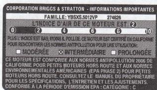 BRIGGS & STRATTON BRIGGS & STRATTON INTEK - A compter du 1ER juillet 2000, surveille la période de conformité d'émission sur les étiquettes et autres BDO comptes. - 2