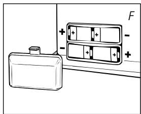 Diagram showing a battery and two rectangular cells with positive and negative charges, labeled with 'F' in the top right corner.