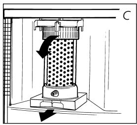 Technical diagram of a mechanical device with labeled components and directional arrows indicating flow or movement.
