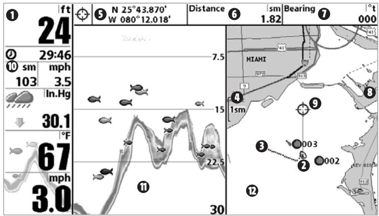 HUMMINBIRD 947C - MODE D'AFFICHAGE CARTOGRAPHIQUE ET SONAR 2D COMBINED - 1