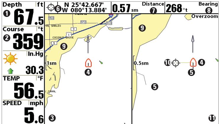 HUMMINBIRD 957C - Mode d'affichage Cartographique et Cartographique combiné - 1