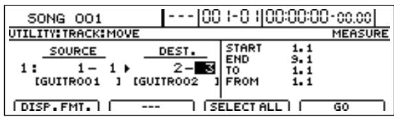 BOSS BR-1600 CD - Utilisez les boutons [CURSOR] et la molette TIME/ VALUE pour selectionner les pistes et pistes virtuelles de source et de destination. - 1