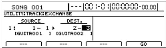 BOSS BR-1600 CD - Utilisez les boutons [CURSOR] et la molette TIME/ VALUE pour selectionner les pistes et pistes virtuelles entre lesquelles l'échange doit se faire. - 1