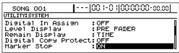 BOSS BR-1600 CD - Amenez le curseur sur Marker Stop et selectionnez ON avec la molette TIME/VALUE. - 1