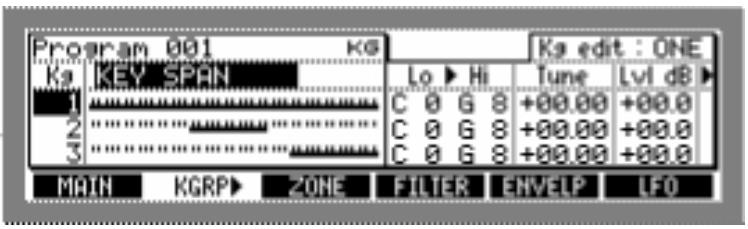 AKAI Z4 - Pour une vue graphique des réglages de tessiture du keygroup, sélectionnez "SOUND (ZONE 1)" et utilisez la molette JOG pour désir "keyspan - 1