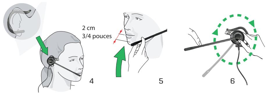 JABRA BIZ 2400 - Comment positionner le crochet auriculaire sur l'anneau du crochet auriculaire pour une utilisation de l'oreille gauche ou droite. - 1
