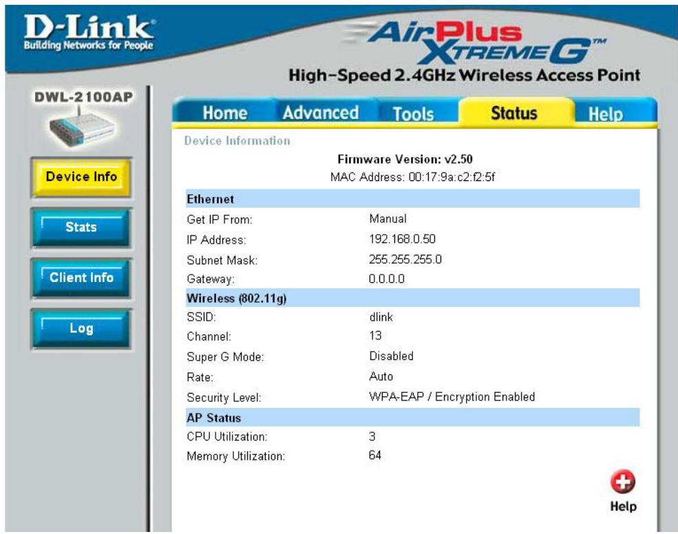 D-LINK AIRPLUS XTREME G DWL-2100AP - Status > Device Info (État > Informations sur le pérophérique) - 1