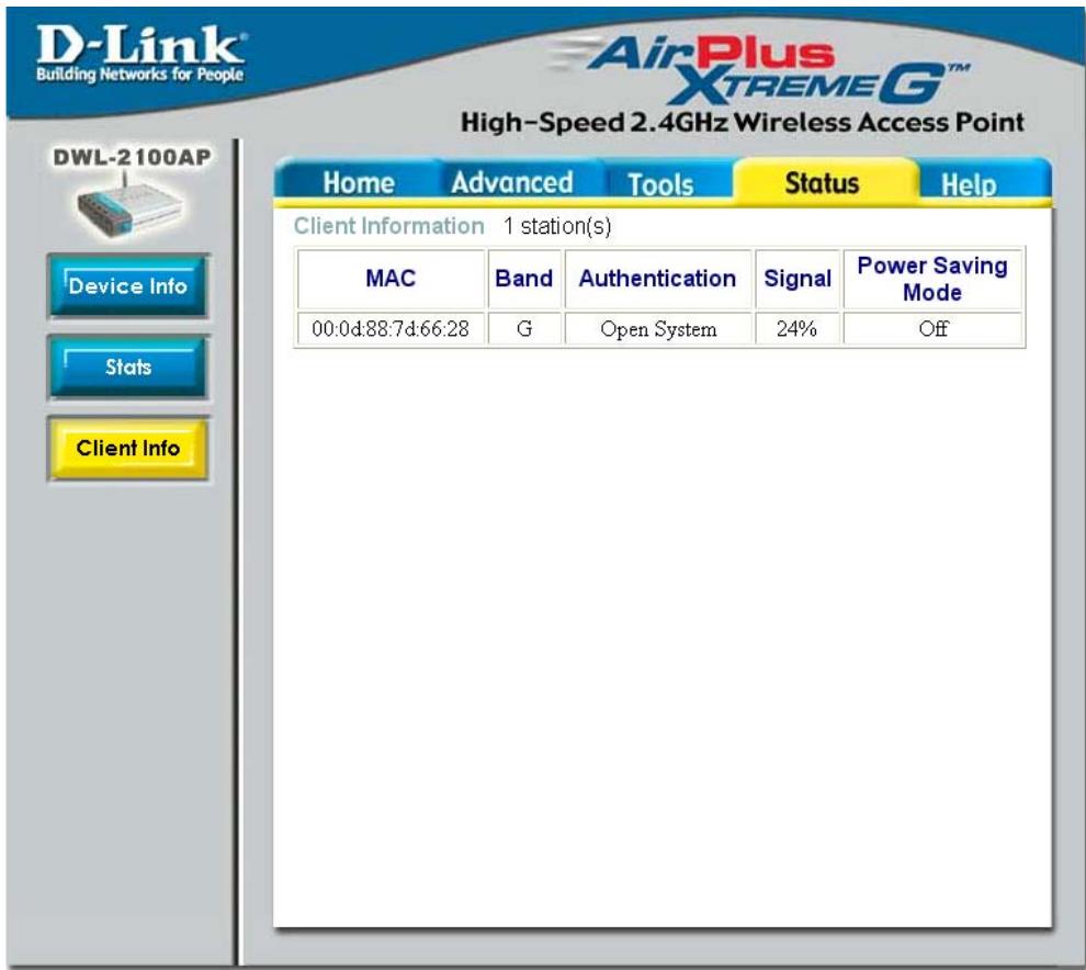 D-LINK AIRPLUS XTREME G DWL-2100AP - Status > Client Info (État > Informations sur le client) - 1