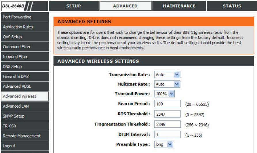 D-LINK DSL-2640B,  DSL-2680 - PARAMÉTRES AVANCÉS - PARAMÉTRES SANS FIL AVANCÉS - 1