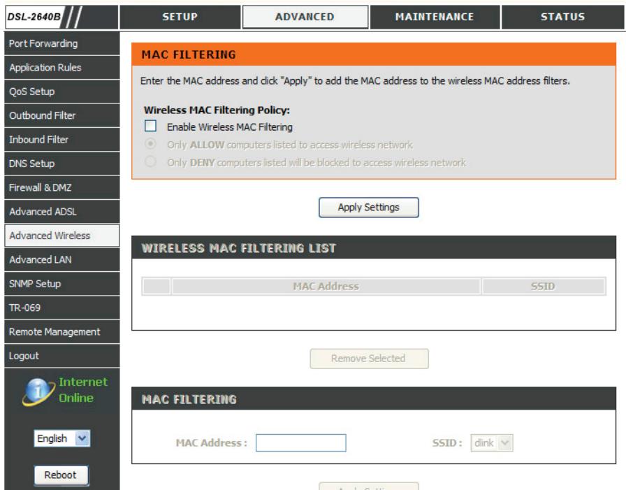 D-LINK DSL-2640B,  DSL-2680 - PARAMÉTRES AVANCÉS - FILTRAGE MAC - 3