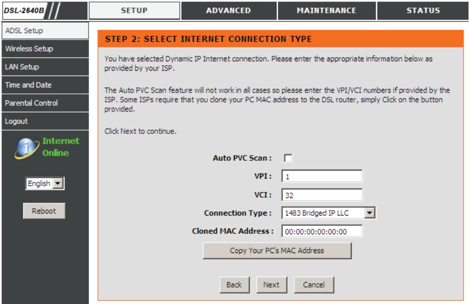 D-LINK DSL-2640B,  DSL-2680 - Utilisation de l'assistant de configuration - pour connexion d'adresse IP dynamique - 1